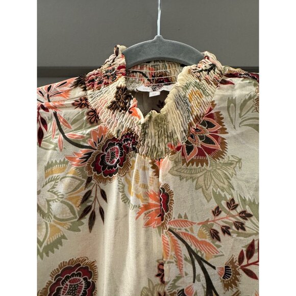 Oliveaceous Floral Print High Neck Tie Front Blouse With Smocked Cuffs & Long Ta - Picture 7 of 7